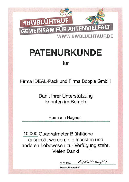 Patenurkunde für 10000 qm Blühwiese