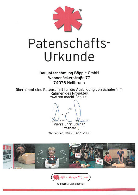 Patenschaftsurkunde Björn Steiger Stiftung Retten macht Schule
