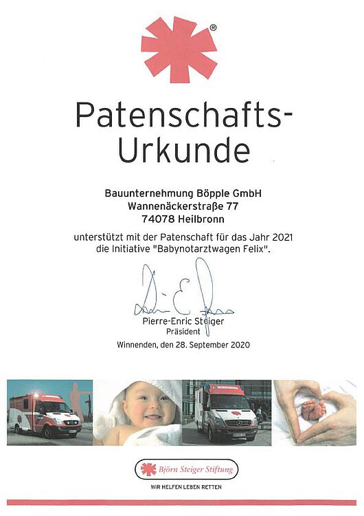 Patenschaft des Babynotarztwagens durch die Bauunternehmung Böpple