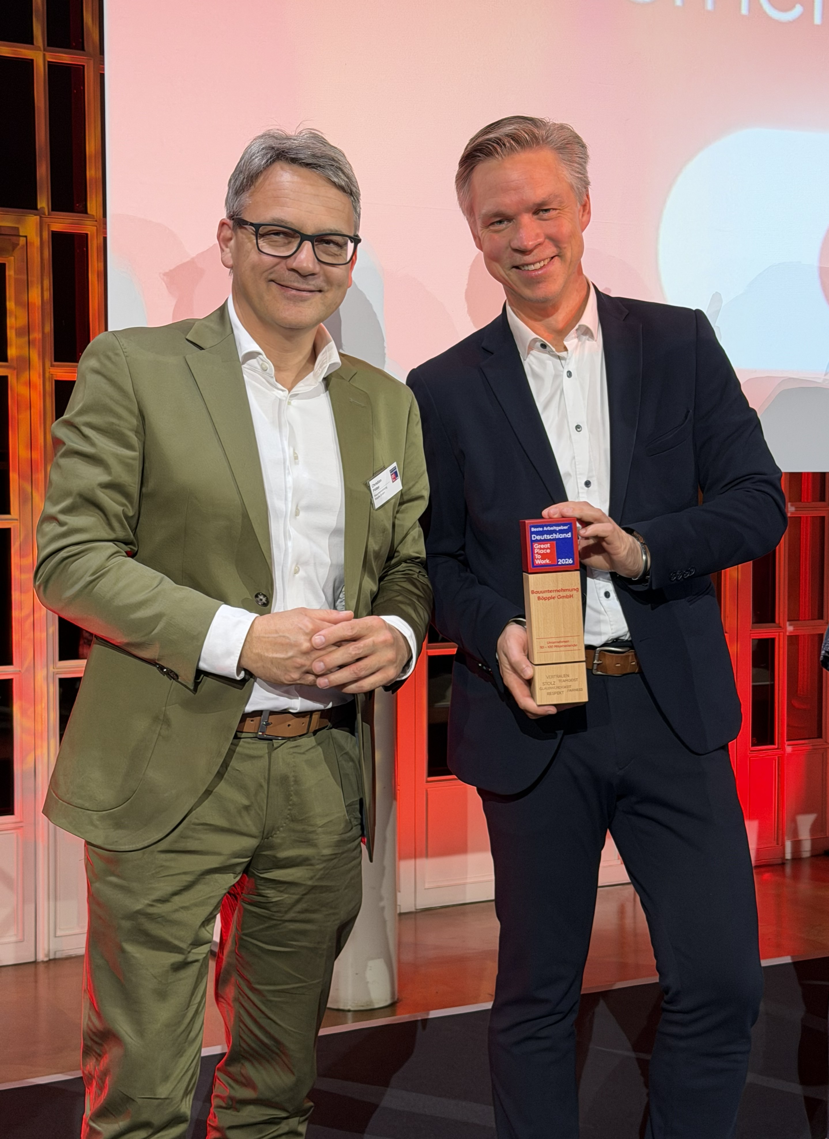 Geschäftsführer Christian Pötter und Michael Wiesner bei der Preisverleihung „Beste Arbeitgeber Deutschlands 2026“ in Köln.